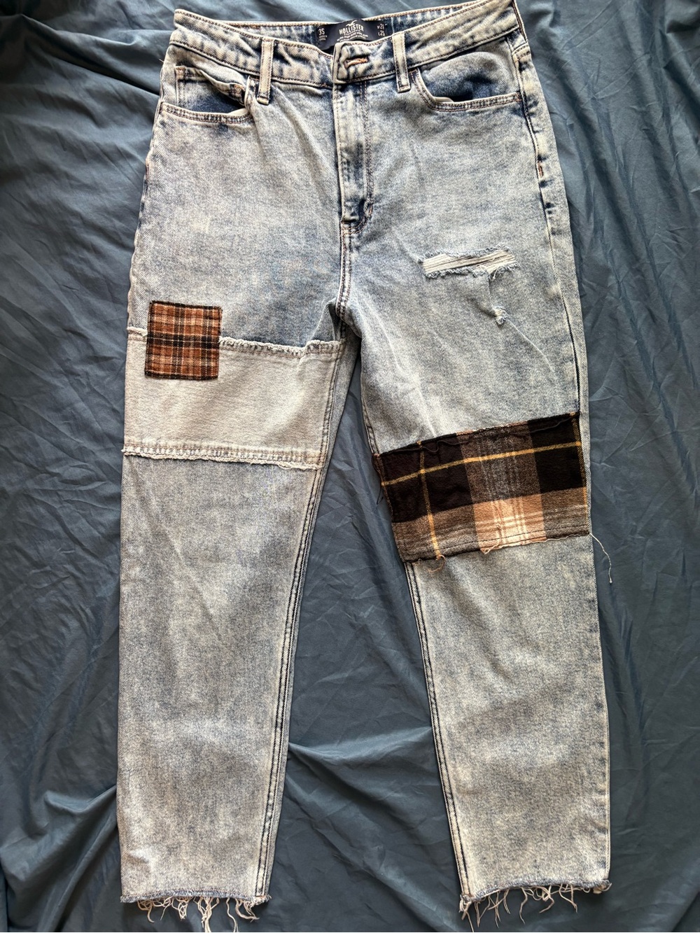 Hollister Light Wash Patchwork Jeans with Brown Plaid Accents
